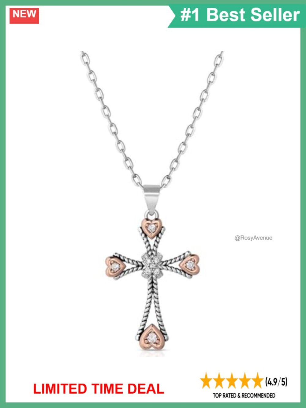 Western Cross Pendant Necklace 19" Rope Chain Cubic Zirconia Faith